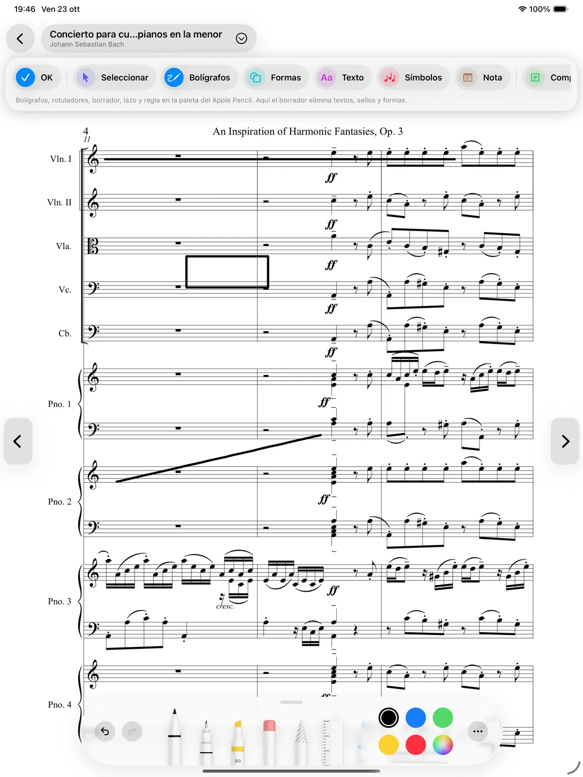 Marcas escritas a mano en la partitura