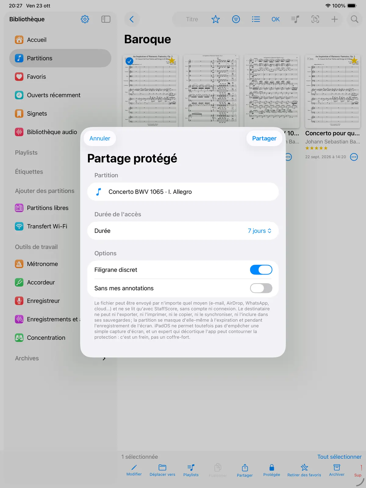 Le panneau du partage protégé