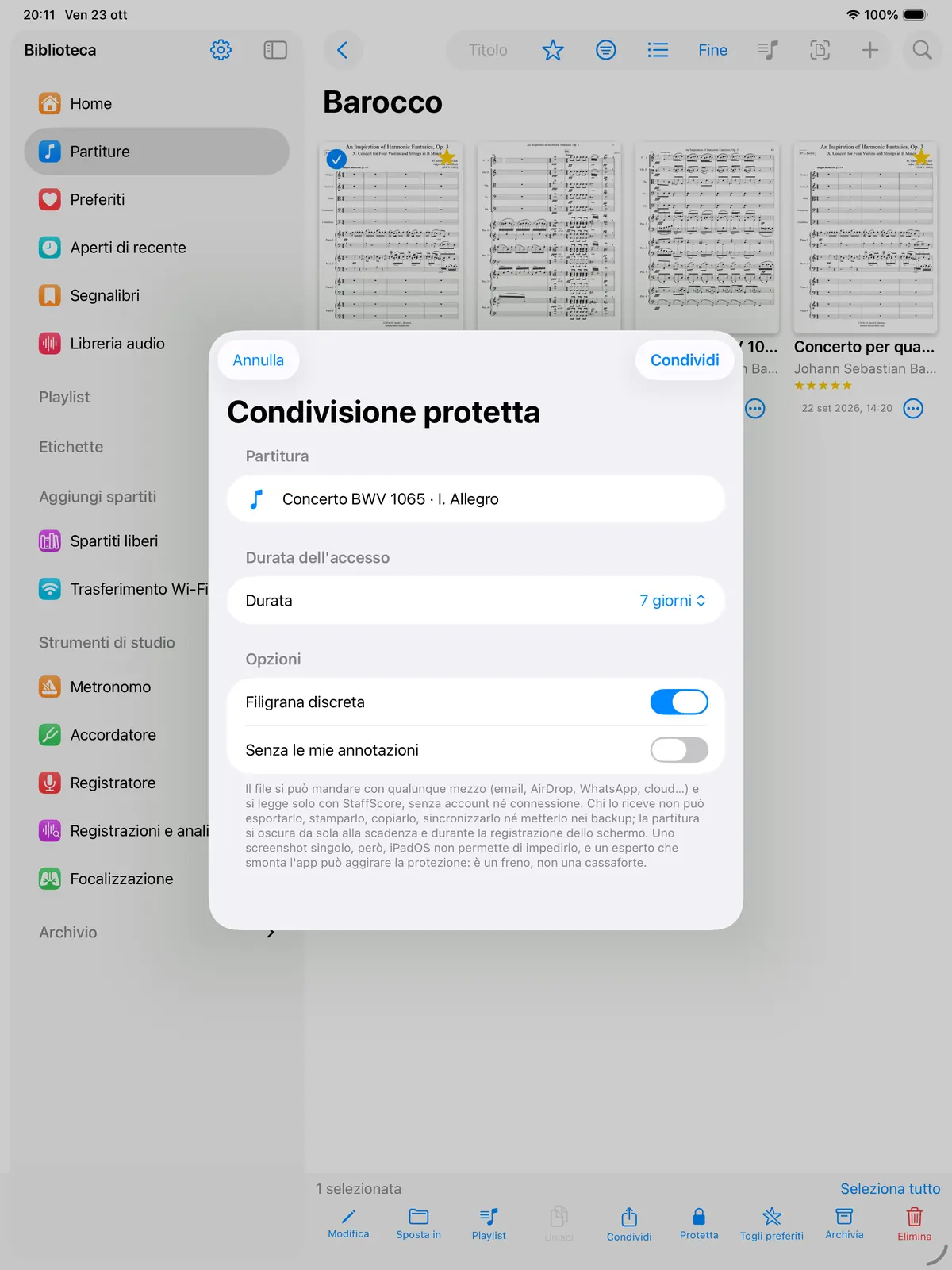 Il pannello della condivisione protetta